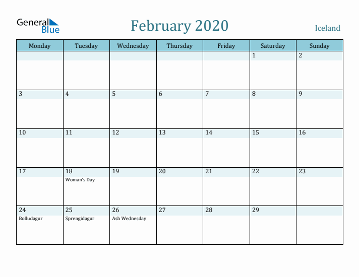 February 2020 Calendar with Holidays