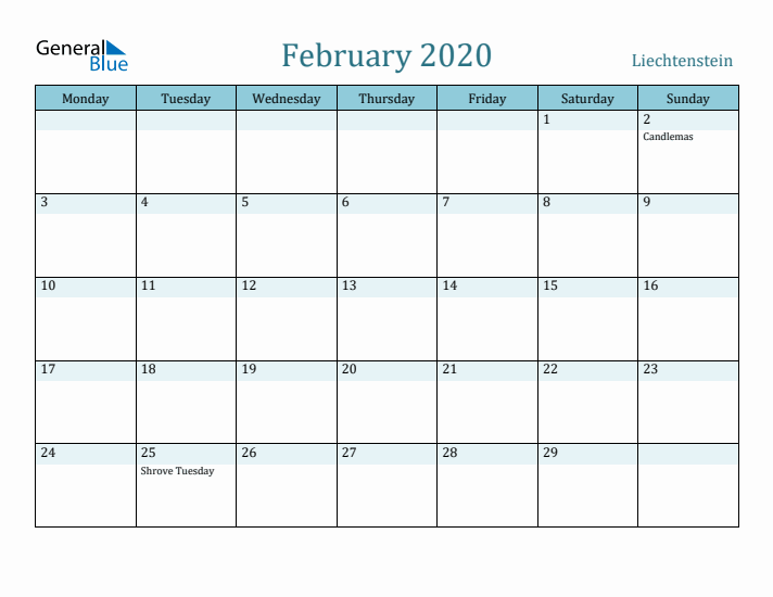 February 2020 Calendar with Holidays