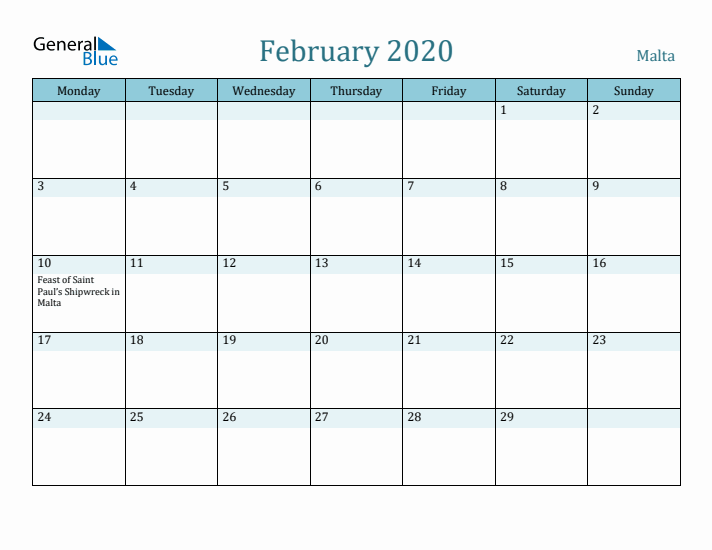 February 2020 Calendar with Holidays