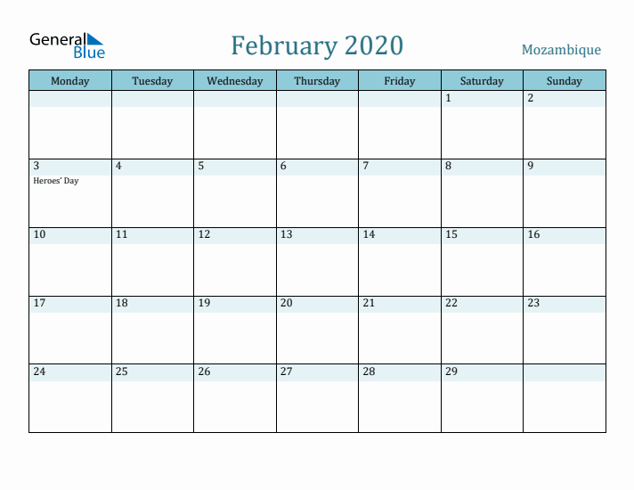 February 2020 Calendar with Holidays