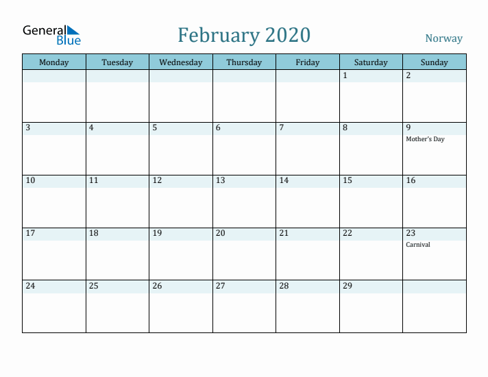 February 2020 Calendar with Holidays