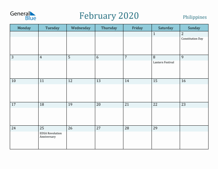 February 2020 Calendar with Holidays