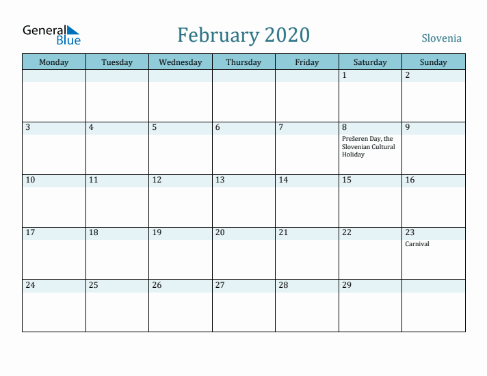 February 2020 Calendar with Holidays