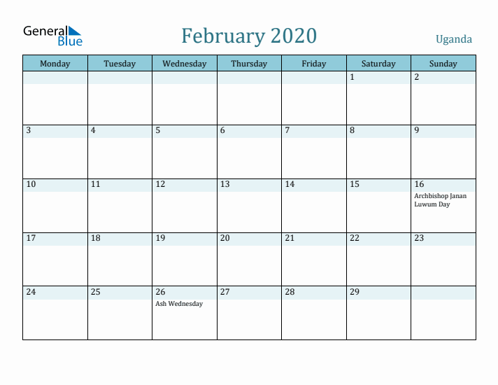 February 2020 Calendar with Holidays