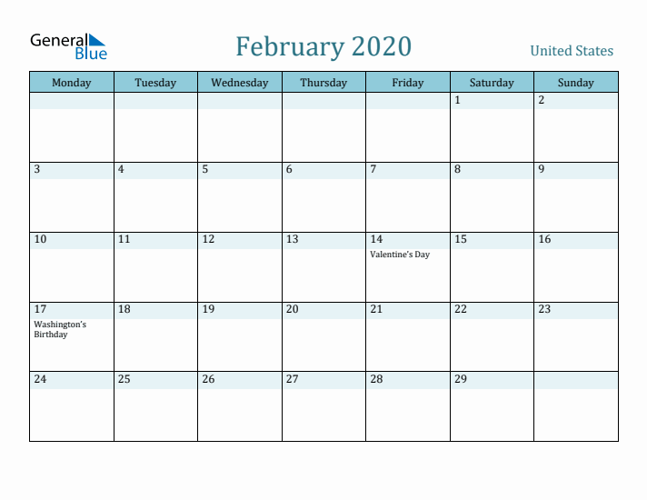 February 2020 Calendar with Holidays