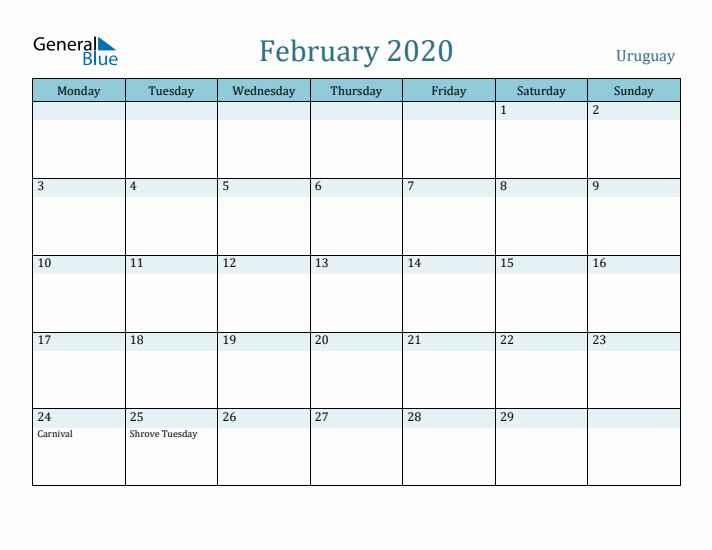 February 2020 Calendar with Holidays