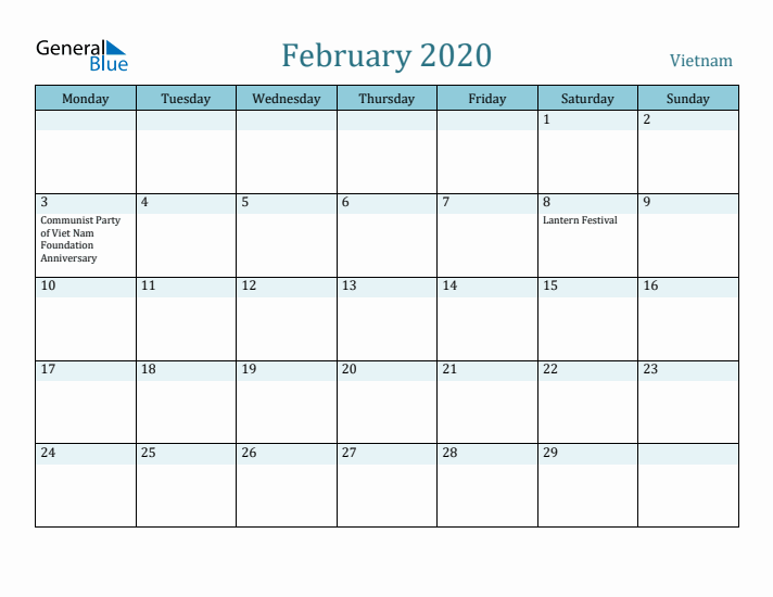 February 2020 Calendar with Holidays