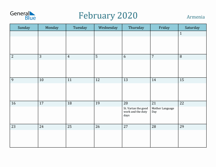 February 2020 Calendar with Holidays