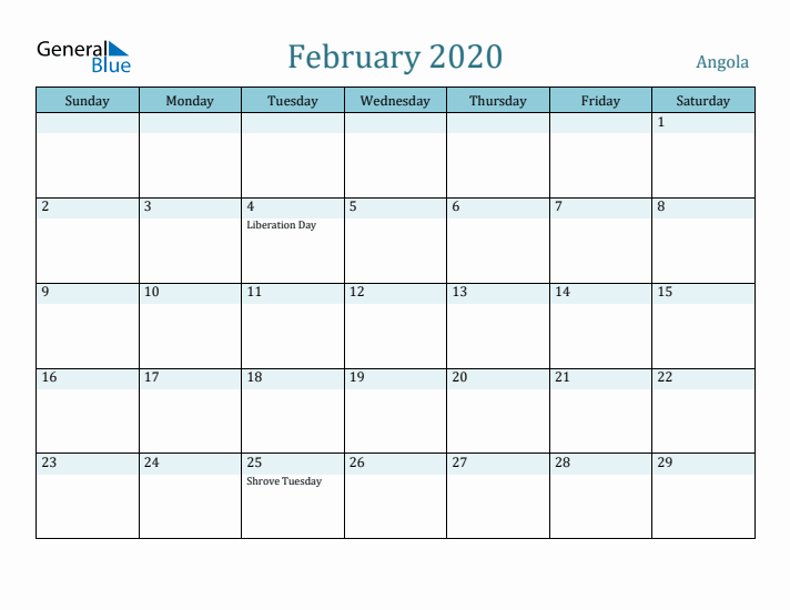 February 2020 Calendar with Holidays