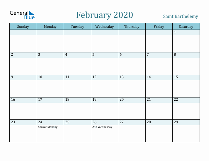 February 2020 Calendar with Holidays