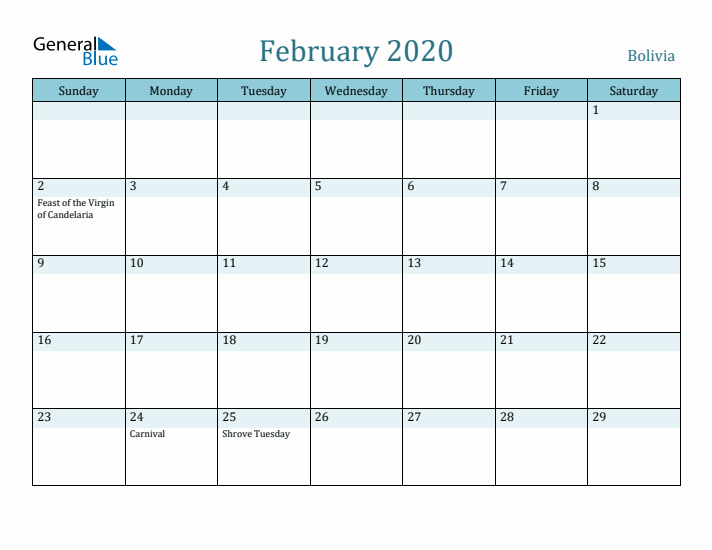 February 2020 Calendar with Holidays