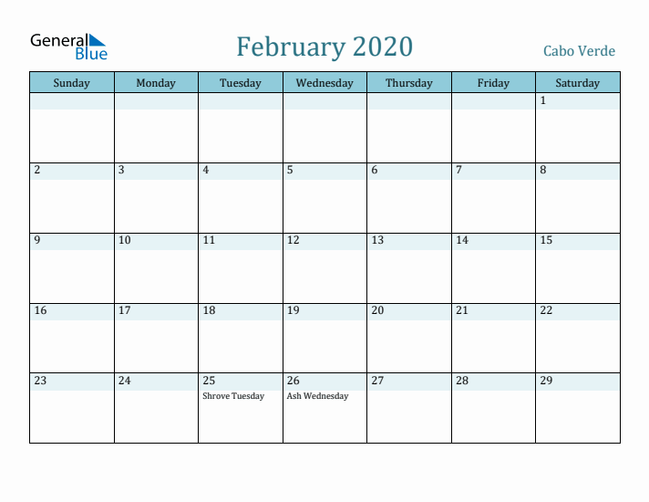 February 2020 Calendar with Holidays