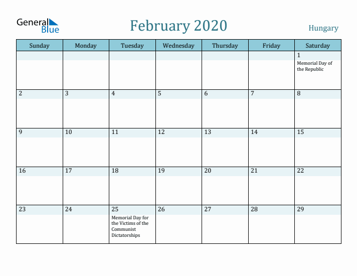 February 2020 Calendar with Holidays