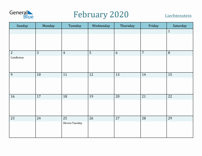 February 2020 Calendar with Holidays