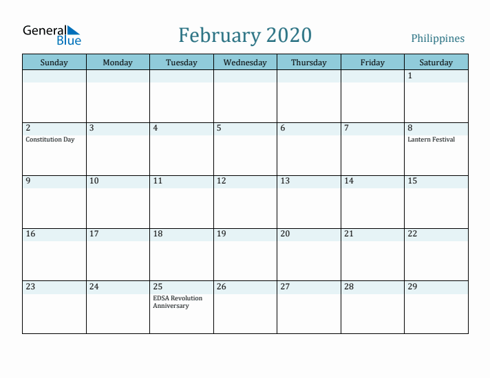 February 2020 Calendar with Holidays