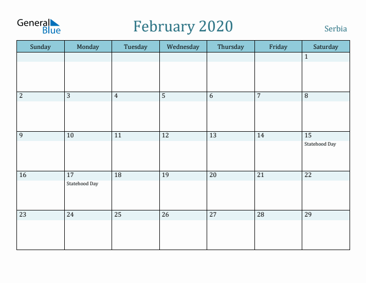 February 2020 Calendar with Holidays