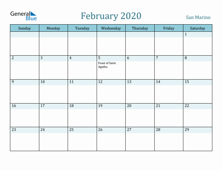 February 2020 Calendar with Holidays