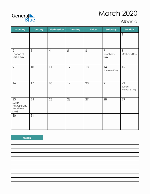 Calendar with Notes Printable - Monday Start