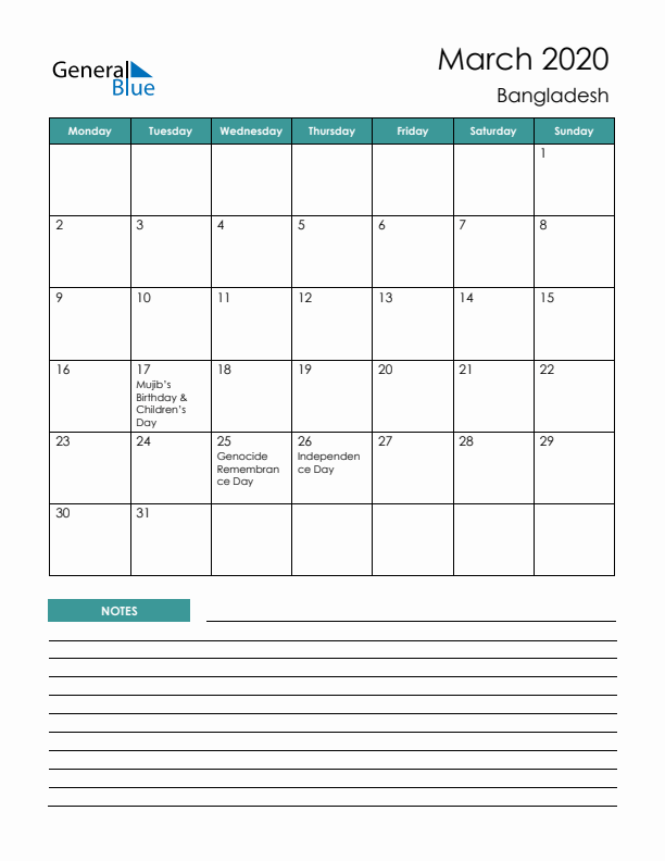 Calendar with Notes Printable - Monday Start