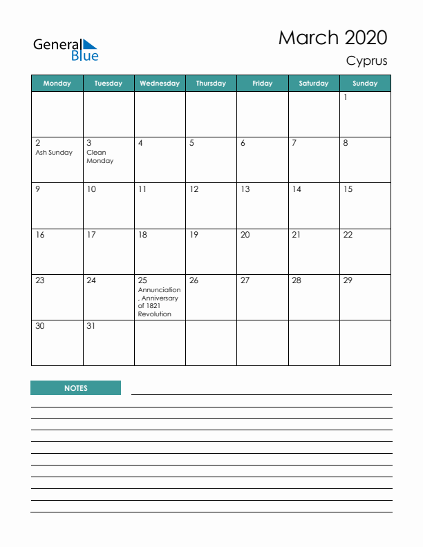 Calendar with Notes Printable - Monday Start