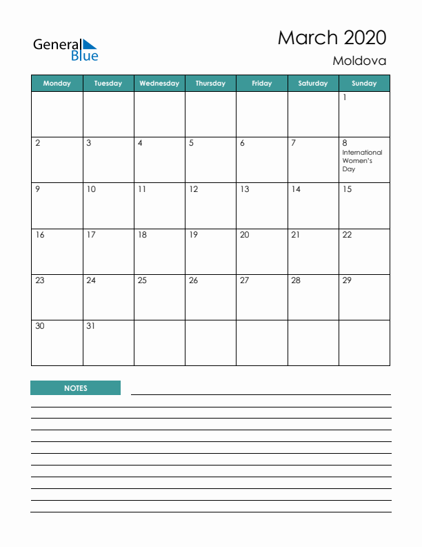 Calendar with Notes Printable - Monday Start