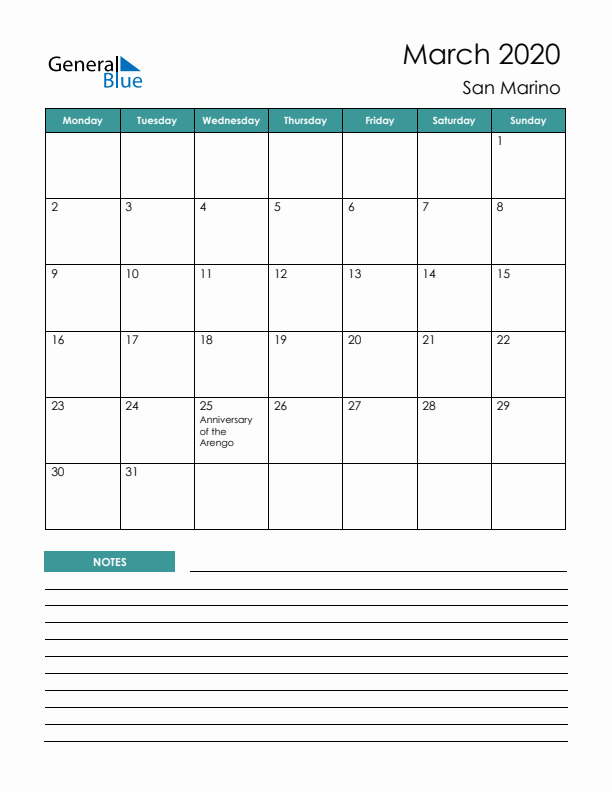 Calendar with Notes Printable - Monday Start