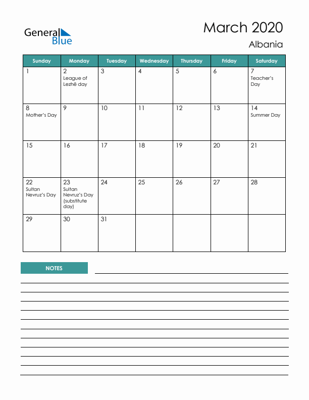 Calendar with Notes Printable - Sunday Start