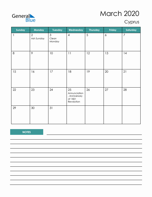 Calendar with Notes Printable - Sunday Start