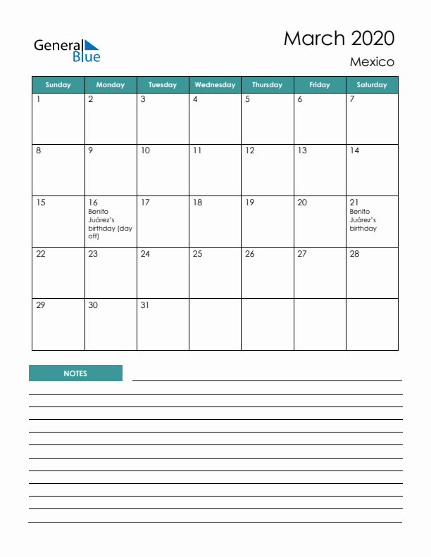 Calendar with Notes Printable - Sunday Start