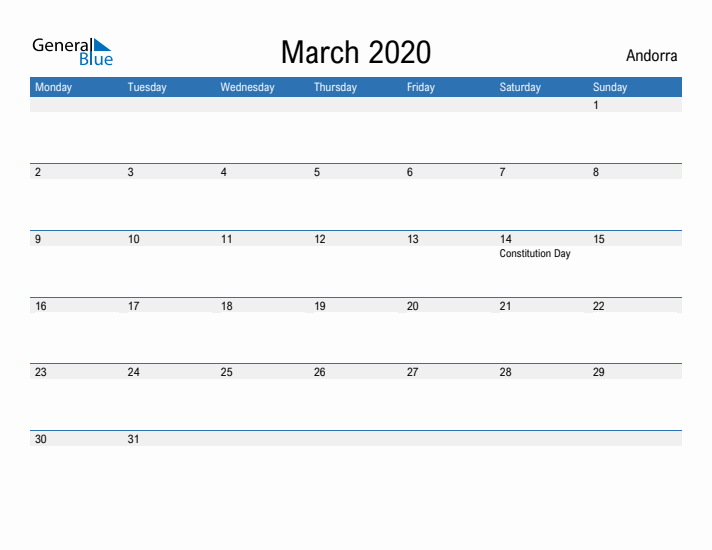 Fillable March 2020 Calendar