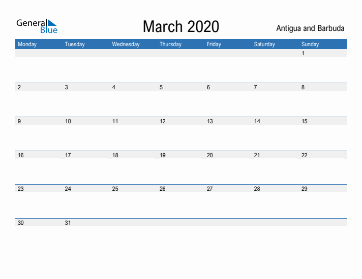 Fillable March 2020 Calendar