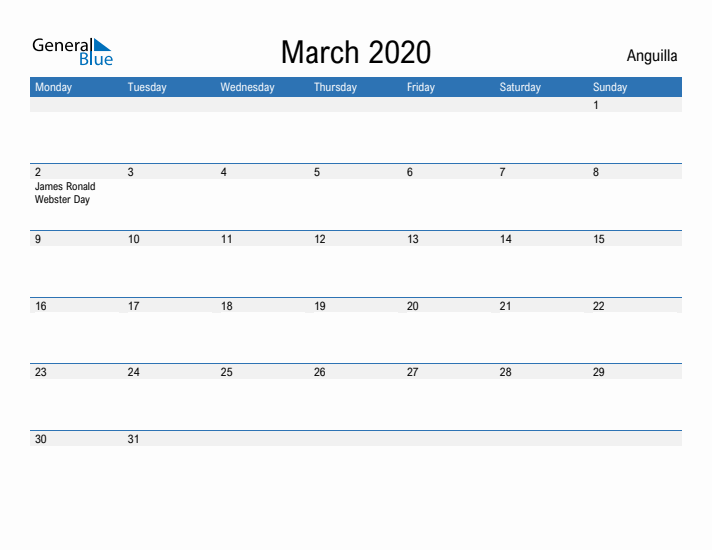 Fillable March 2020 Calendar