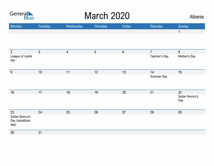 Fillable March 2020 Calendar