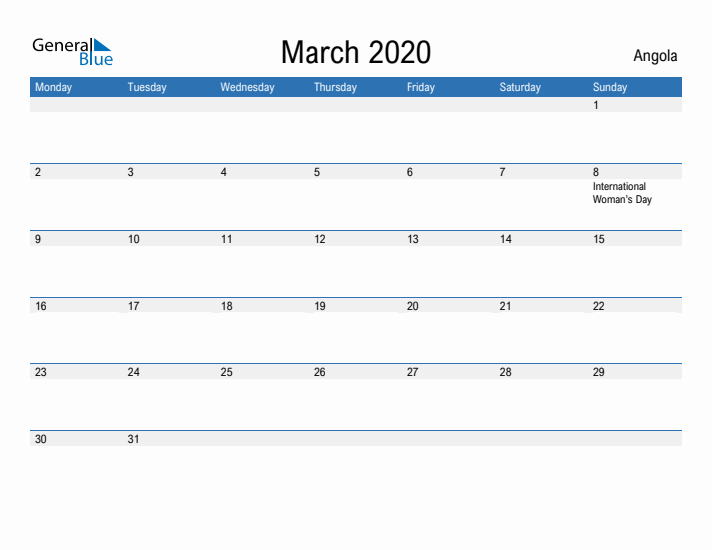 Fillable March 2020 Calendar