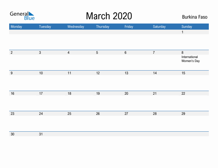 Fillable March 2020 Calendar