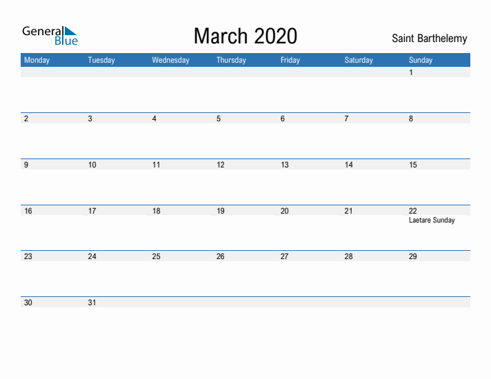 Fillable March 2020 Calendar