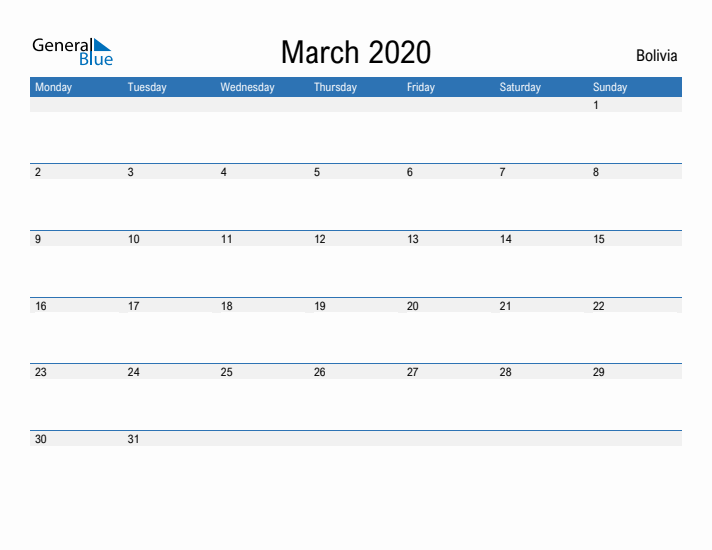 Fillable March 2020 Calendar