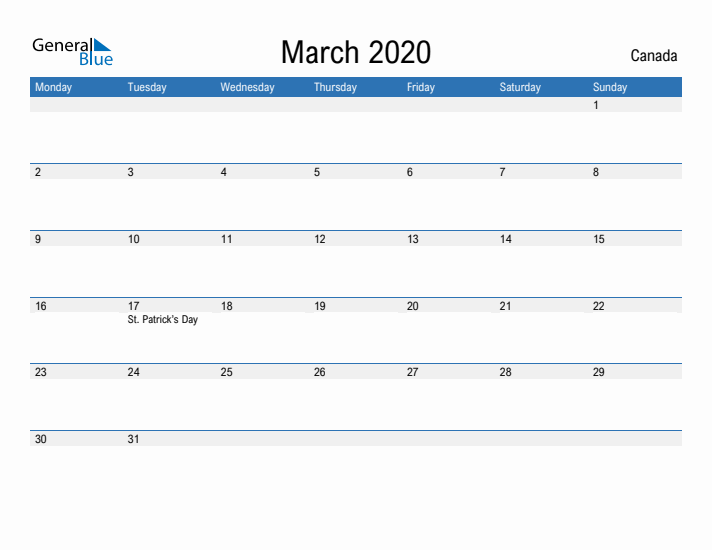 Fillable March 2020 Calendar