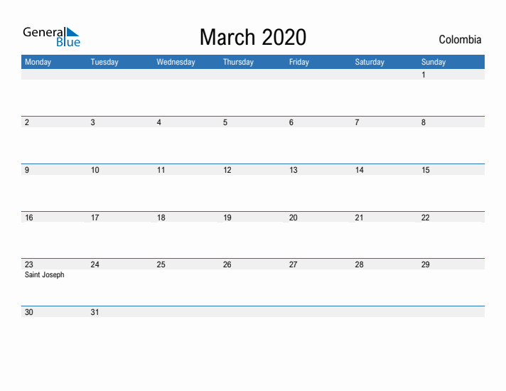 Fillable March 2020 Calendar