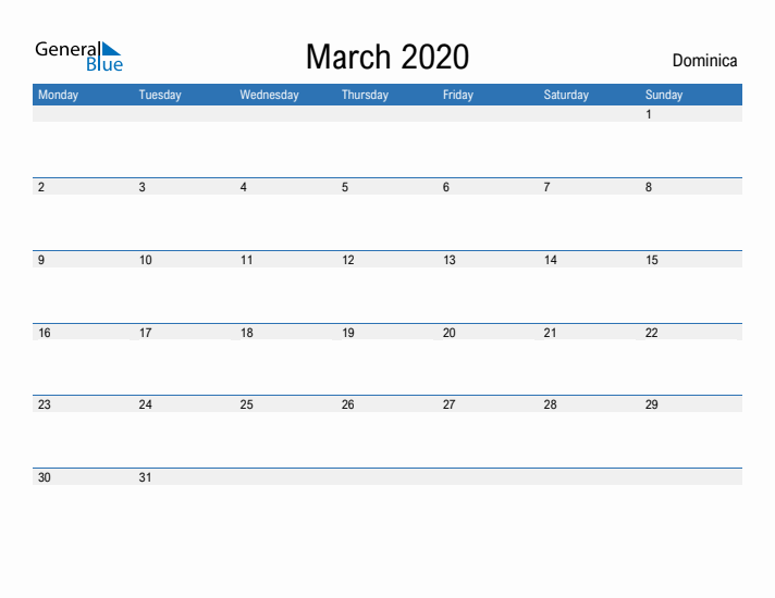 Fillable March 2020 Calendar