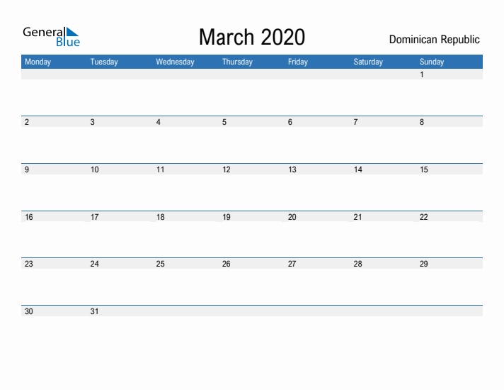 Fillable March 2020 Calendar