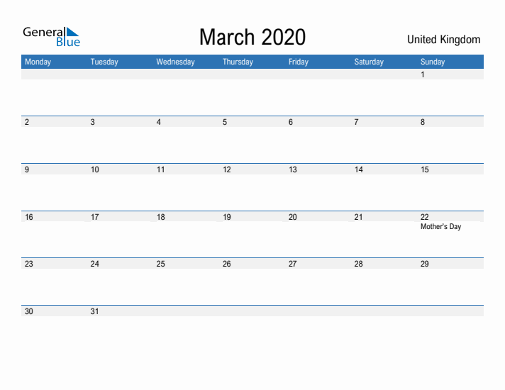 Fillable March 2020 Calendar