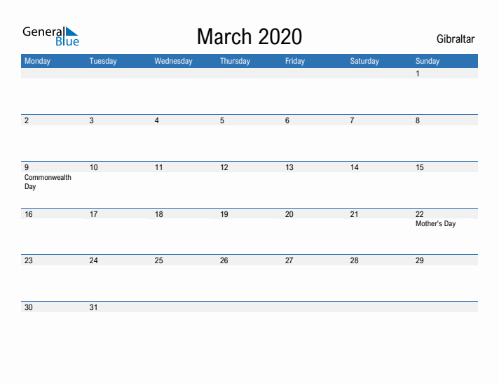 Fillable March 2020 Calendar