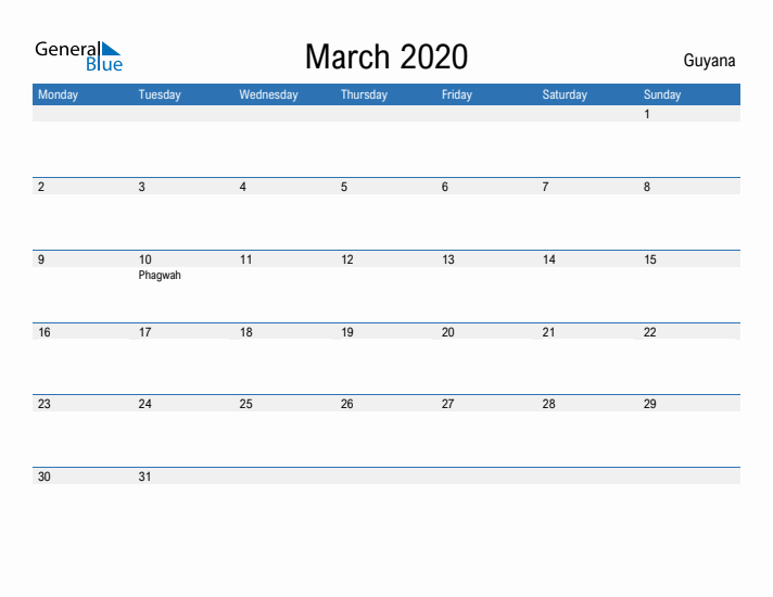 Fillable March 2020 Calendar