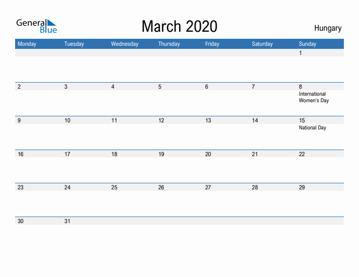 Fillable March 2020 Calendar