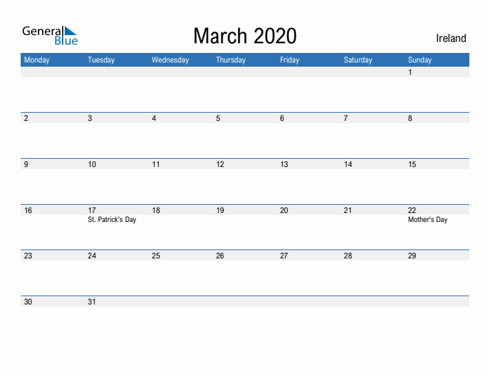 Fillable March 2020 Calendar