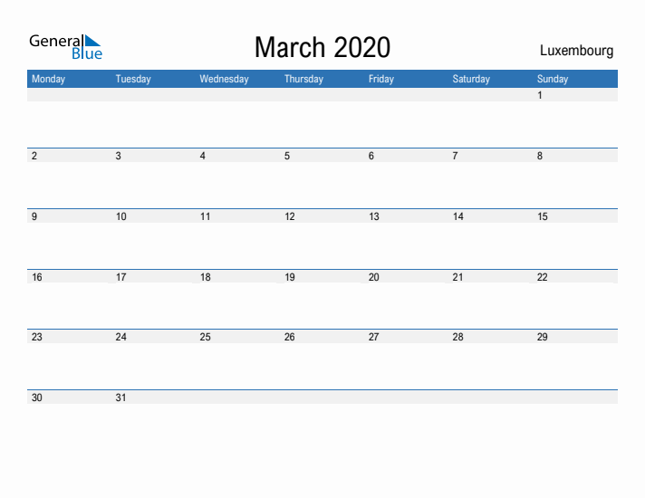 Fillable March 2020 Calendar