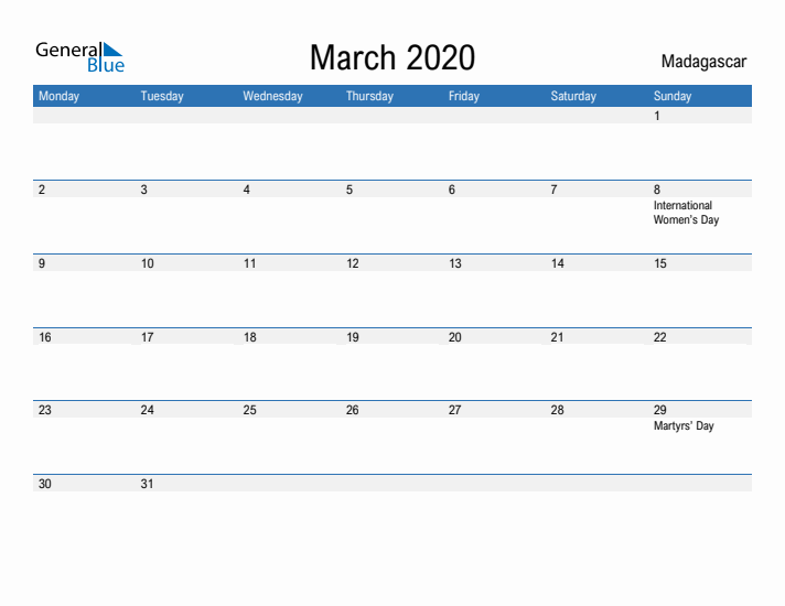 Fillable March 2020 Calendar