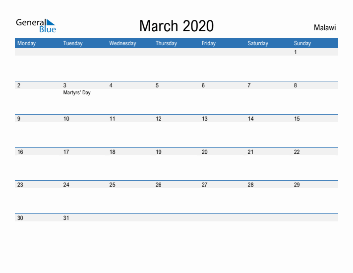 Fillable March 2020 Calendar