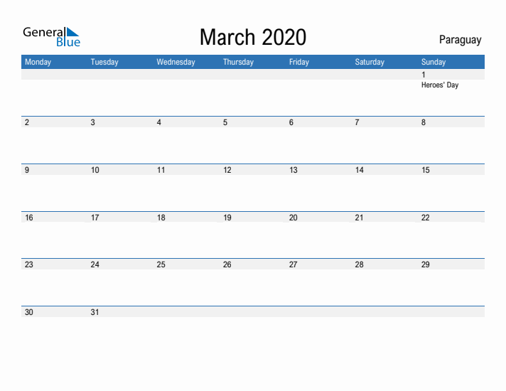 Fillable March 2020 Calendar